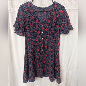 Women’s Navy Polka Dot Dress Top with Red Floral Print